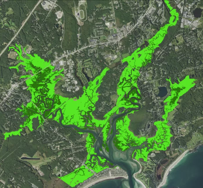  The extent of the Scarborough Marsh ecosystem. High marsh (light green) is not regularly inundated, while low marsh (dark green) is flooded daily by the tides. Map by Pete Slovinksy, Maine Geological Survey.
